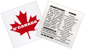 Window sticker with Canadian National Anthem on back
